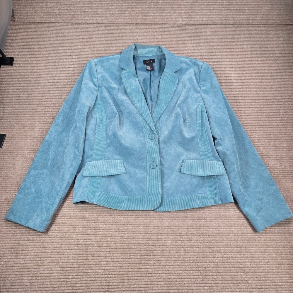 R.Q.T Women Large Blue Corduroy Ribbed Trim Two Button Blazer Jacket - Picture 2 of 9